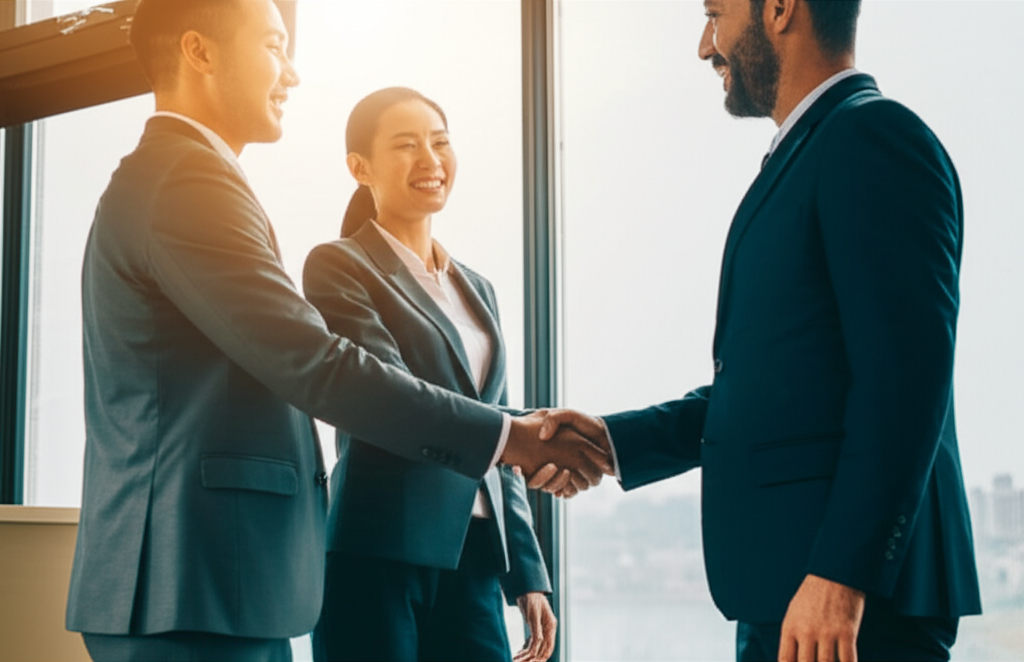 Three people shaking hands representing profit sharing between owner, agent, and Estateus